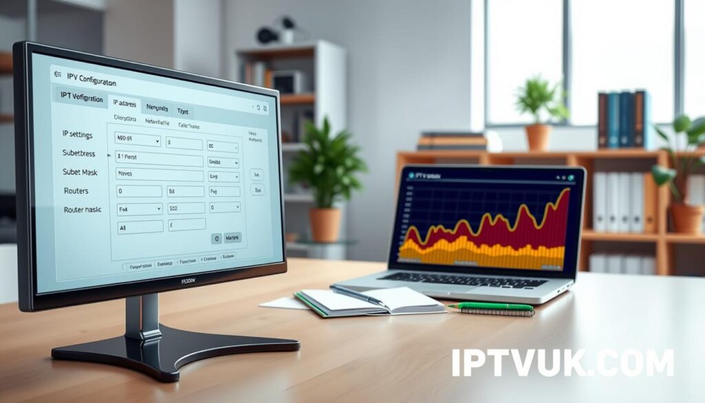 A professional and detailed illustration showcasing "IPTV IP Configuration" best practices. In the foreground, a high-resolution digital screen displays a sleek and organized interface of an IPTV configuration tool, featuring options for IP address settings, subnet masks, and routers. In the middle ground, a well-lit modern office workspace contains a laptop with a vibrant graph illustrating network performance, surrounded by technical manuals and a notepad. The background features soft-focus shelves with books on network technology and a potted plant for a touch of warmth. The lighting is bright but soft, creating a clean, focused atmosphere. The lens perspective is slightly angled downwards to emphasize the digital screen. Include the brand name "IPTVVUK.COM" subtly integrated into the design, maintaining a professional tone throughout. A professional and detailed illustration showcasing "IPTV IP Configuration" best practices. In the foreground, a high-resolution digital screen displays a sleek and organized interface of an IPTV configuration tool, featuring options for IP address settings, subnet masks, and routers. In the middle ground, a well-lit modern office workspace contains a laptop with a vibrant graph illustrating network performance, surrounded by technical manuals and a notepad. The background features soft-focus shelves with books on network technology and a potted plant for a touch of warmth. The lighting is bright but soft, creating a clean, focused atmosphere. The lens perspective is slightly angled downwards to emphasize the digital screen. Include the brand name "IPTVVUK.COM" subtly integrated into the design, maintaining a professional tone throughout.