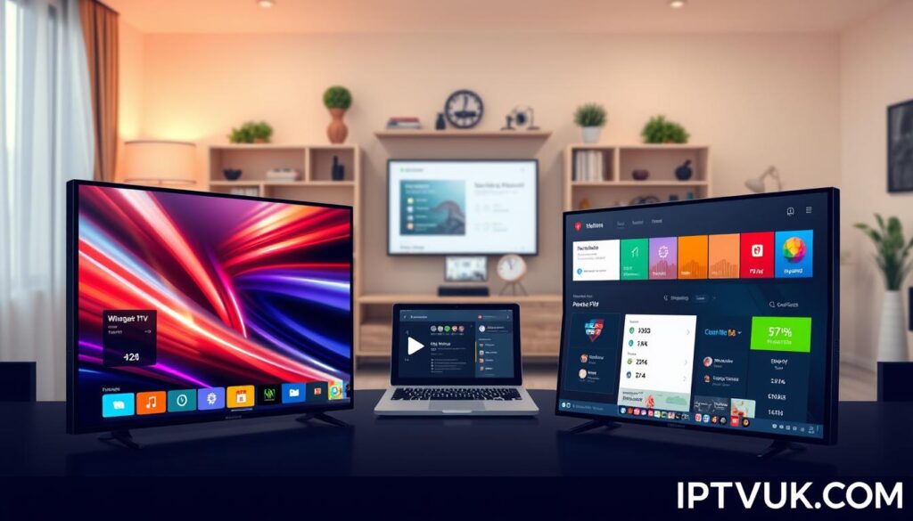 A professional and informative image depicting a side-by-side comparison of various IPTV players, designed for an article on secure and legal streaming. In the foreground, prominently display sleek digital screens of different IPTV players, showcasing their user interfaces with vibrant colors and intuitive designs. In the middle ground, feature a clean workspace with a laptop and tablet displaying comparative statistics and user ratings. The background should be an organized home entertainment setup, with a cozy ambiance, soft lighting, and a hint of modern decor. The mood is analytical and tech-savvy. Ensure the brand name "IPTVVUK.COM" is subtly integrated into the design elements of the illustration, without text overlays. The composition should have a professional look, aimed at helping users choose the right IPTV player effectively.