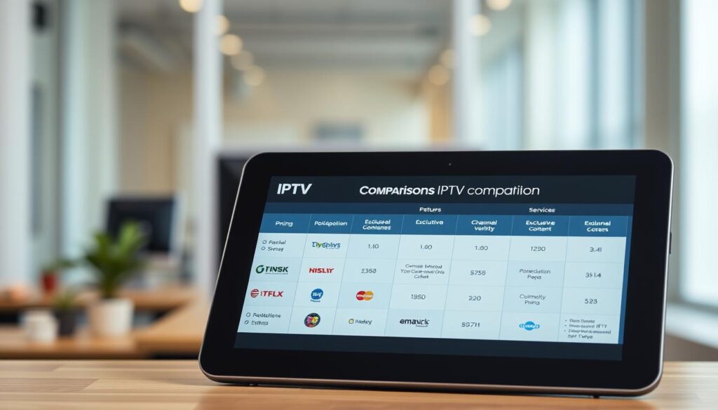 A professional and informative image illustrating "IPTV services comparison". In the foreground, a sleek digital tablet displays a graphical comparison chart showcasing various IPTV services, emphasizing features like pricing, channel variety, and exclusive content. The middle layer features subtle icons representing popular IPTV brands like "IPTVVUK.COM", arranged in a neat grid. The background should be a modern, softly lit office environment with a blurred outline of a computer workstation, conveying a tech-savvy atmosphere. Use even, diffused lighting to enhance clarity, and apply a shallow depth of field to focus on the tablet and comparison chart, creating a professional and serious mood ideal for an informative article. A professional and informative image illustrating "IPTV services comparison". In the foreground, a sleek digital tablet displays a graphical comparison chart showcasing various IPTV services, emphasizing features like pricing, channel variety, and exclusive content. The middle layer features subtle icons representing popular IPTV brands like "IPTVVUK.COM", arranged in a neat grid. The background should be a modern, softly lit office environment with a blurred outline of a computer workstation, conveying a tech-savvy atmosphere. Use even, diffused lighting to enhance clarity, and apply a shallow depth of field to focus on the tablet and comparison chart, creating a professional and serious mood ideal for an informative article.