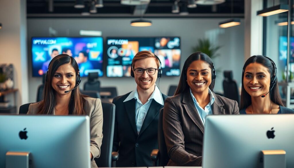 A professional customer support scene for "Dream IPTV Live Chat Support". In the foreground, show a diverse group of three customer support representatives, dressed in smart business attire, each focused on their computers displaying chat windows. Their expressions convey attentiveness and friendliness. In the middle, include modern office elements like ergonomic chairs, desks with multiple monitors, and a stylish plant. The background should subtly feature a digital display showcasing vibrant IPTV content, enhancing the tech-friendly atmosphere. Use soft, natural lighting to create a warm, inviting mood, emphasizing professionalism and reliability. The scene embodies a seamless customer support experience related to IPTV services, including the brand name “IPTVVUK.COM” subtly integrated into the monitors. A slight depth of field effect adds focus, enhancing the visual storytelling.