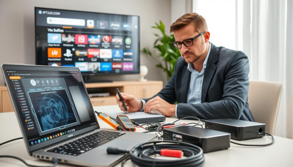 A professional-looking technician sits at a desk, focused on troubleshooting IPTV issues. In the foreground, a laptop displays a complex network interface, with icons representing streaming services and connection quality. The technician, dressed in smart casual attire, uses tools like a multimeter to check cables. In the middle ground, various IPTV devices and cables are neatly arranged, hinting at common problems like buffering and connectivity. The background features a well-lit home office with a large screen showing streaming options and supportive resources, creating a tech-savvy atmosphere. The lighting is bright and even, emphasizing clarity and precision. A subtle brand logo “IPTVVUK.COM” is visible on the laptop's screen, enhancing the image's relevance to IPTV troubleshooting. The overall mood is focused and solution-oriented, ideal for an informative article section. A professional-looking technician sits at a desk, focused on troubleshooting IPTV issues. In the foreground, a laptop displays a complex network interface, with icons representing streaming services and connection quality. The technician, dressed in smart casual attire, uses tools like a multimeter to check cables. In the middle ground, various IPTV devices and cables are neatly arranged, hinting at common problems like buffering and connectivity. The background features a well-lit home office with a large screen showing streaming options and supportive resources, creating a tech-savvy atmosphere. The lighting is bright and even, emphasizing clarity and precision. A subtle brand logo “IPTVVUK.COM” is visible on the laptop's screen, enhancing the image's relevance to IPTV troubleshooting. The overall mood is focused and solution-oriented, ideal for an informative article section.
