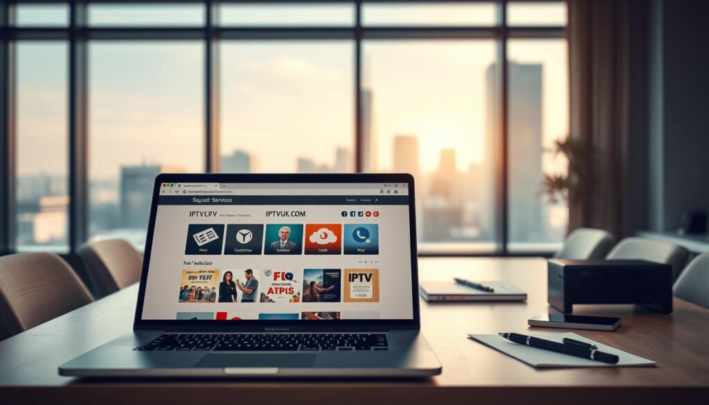 A professional, modern workspace showcasing the concept of IPTV service selection. In the foreground, a sleek laptop with an open browser displaying IPTVVUK.COM, highlighting various IPTV services visually with icons and images. The middle features a stylish desk with a notepad, a pen, and a smartphone, symbolizing research and planning. The background is softly lit, with a large window revealing a city skyline, creating a dynamic urban atmosphere. The scene is organized and uncluttered, promoting clarity and focus. Utilize soft, natural lighting to enhance the professional mood, with a slight depth of field effect to draw attention to the laptop and its content. Emphasize a sense of exploration and decision-making in this contemporary setting.