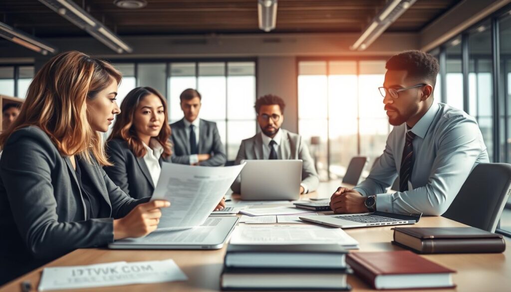 A professional office environment depicting a diverse group of business people engaged in a discussion about IPTV legal considerations. In the foreground, a Caucasian woman and an African American man, both in business attire, are examining legal documents related to IPTV services, with a laptop open displaying IPTVVUK.COM. The middle ground shows a large conference table with papers, laptops, and legal books, reflecting an atmosphere of serious deliberation. The background features a modern office with large windows allowing natural light to flood the room, casting soft shadows. The lighting is bright yet warm, creating an inviting and professional mood. The composition should emphasize collaboration, legality, and the modern digital landscape of IPTV services. No text or branding beyond IPTVVUK.COM in the image. A professional office environment depicting a diverse group of business people engaged in a discussion about IPTV legal considerations. In the foreground, a Caucasian woman and an African American man, both in business attire, are examining legal documents related to IPTV services, with a laptop open displaying IPTVVUK.COM. The middle ground shows a large conference table with papers, laptops, and legal books, reflecting an atmosphere of serious deliberation. The background features a modern office with large windows allowing natural light to flood the room, casting soft shadows. The lighting is bright yet warm, creating an inviting and professional mood. The composition should emphasize collaboration, legality, and the modern digital landscape of IPTV services. No text or branding beyond IPTVVUK.COM in the image.