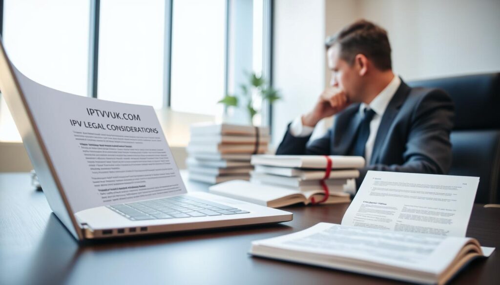 A professional office environment where an adult person is seated at a desk reviewing legal documents related to IPTV use. In the foreground, a laptop displays a detailed document titled "IPTV Legal Considerations", with the logo "IPTVVUK.COM" subtly visible on the screen. The middle ground features a stack of legal books, highlighting laws and regulations, alongside a notepad filled with notes. The background includes a large window letting in soft, natural light, creating a warm and inviting atmosphere. The setting is modern and organized, showcasing a sense of professionalism and focus. The lighting is bright but soft, emphasizing the clarity of the documents and creating a thoughtful mood ideal for reflective consideration on legal matters.