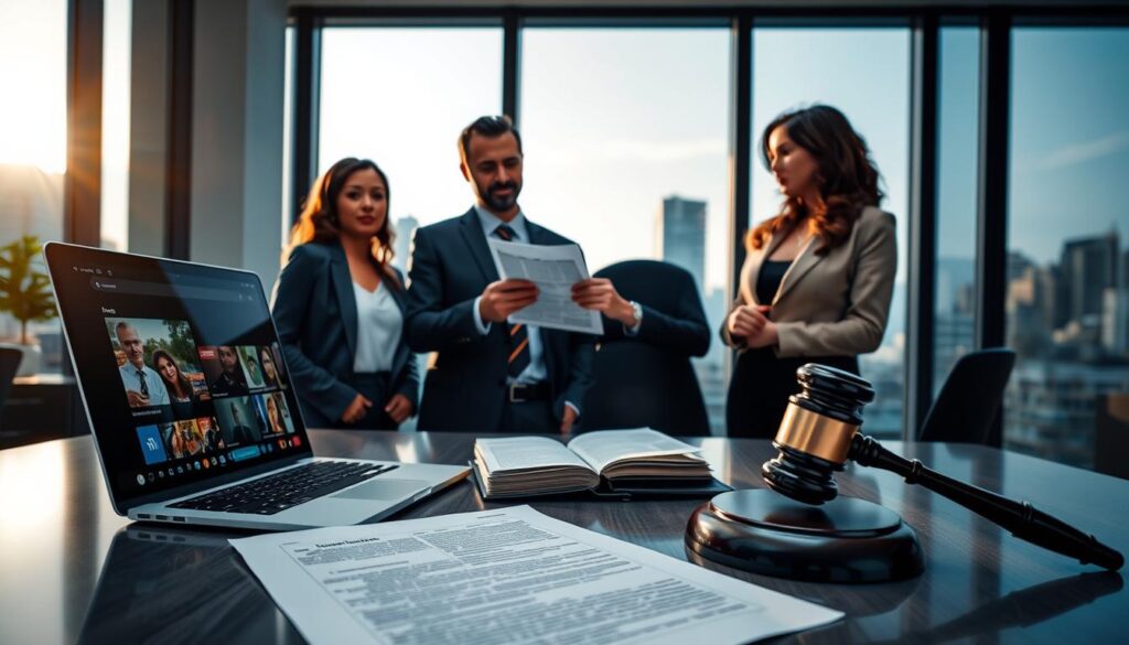 A professional office setting with a modern desk in the foreground, featuring a laptop displaying streaming content platforms, open legal documents, and a gavel, symbolizing legal consideration. In the middle, a diverse group of three professionals, dressed in business attire, are discussing IPTV legalities; one is pointing at the document while others listen attentively. The background showcases a large window with a cityscape view, bathed in soft, natural light from the afternoon sun, creating a warm and engaging atmosphere. The overall mood is focused and serious, emphasizing the importance of legality in streaming. Include the brand name "IPTVVUK.COM" subtly integrated into the surroundings.
