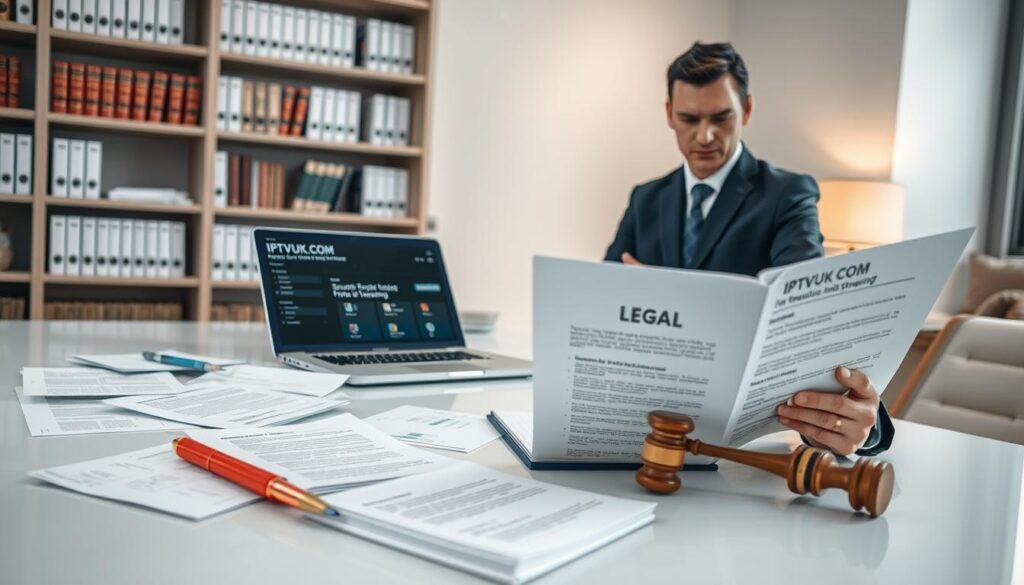 A professional office setting with legal documents scattered across a sleek modern desk. In the foreground, a person in smart business attire is reviewing a legal guide on IPTV streaming, with a focused expression. The middle ground features a laptop displaying IPTVVUK.COM's interface, showcasing secure streaming options. The background includes a bookshelf filled with legal texts and regulations about digital streaming. Soft, diffused lighting enhances the atmosphere, creating a serious yet informative mood. The camera angle is slightly above eye level, providing a clear overview of the workspace while emphasizing the importance of legal considerations in IPTV streaming.