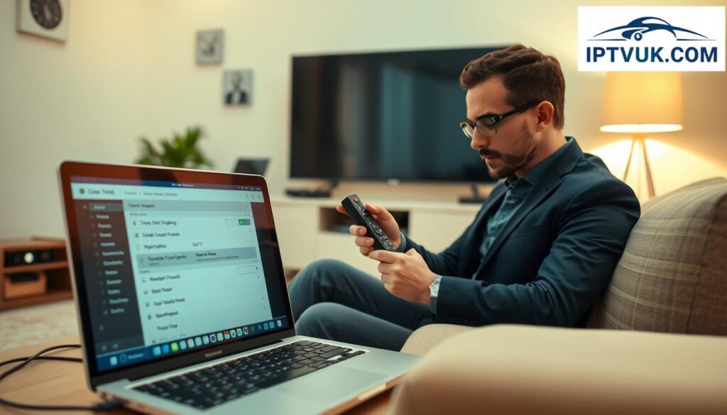 A professional, tidy living room scene showcasing a person sitting on a comfortable couch, focused intently on troubleshooting IPTV issues. The foreground features a laptop displaying a troubleshooting interface, with diagnostic tools and settings open, while an IPTV device is connected to a modern TV in the background. The person, wearing smart casual attire, is examining the connection cables and remote control, displaying a look of concentration. Soft, warm lighting fills the room, creating an inviting atmosphere. The walls are adorned with subtle tech-themed decor. In the corner of the room, a logo displayed reads “IPTVVUK.COM”, emphasizing professionalism. The angle captures both the person and the technology setup, giving a clear view of the troubleshooting process, ensuring a relatable and informative visual for readers.
