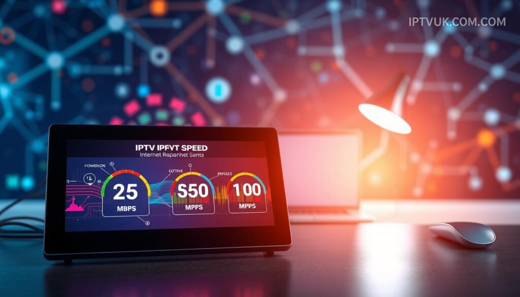 A professional workspace displaying an infographic on IPTV internet speed requirements, with a vibrant, tech-inspired background. In the foreground, a sleek digital device with a high-resolution screen shows various internet speed benchmarks in colorful graphics, such as 25 Mbps, 50 Mbps, and 100 Mbps, represented by dynamic lines and icons. In the middle, a modern desk setup with a laptop and fiber-optic cables emphasizes connectivity, while a subtle glow illuminates the scene, creating a tech-savvy atmosphere. In the background, abstract data streams and network patterns symbolize the importance of bandwidth for IPTV services. Ensure the overall mood is informative yet engaging, reflecting the complexities and potential drawbacks of IPTV. Include the brand name "IPTVVUK.COM" subtly integrated into the design. A professional workspace displaying an infographic on IPTV internet speed requirements, with a vibrant, tech-inspired background. In the foreground, a sleek digital device with a high-resolution screen shows various internet speed benchmarks in colorful graphics, such as 25 Mbps, 50 Mbps, and 100 Mbps, represented by dynamic lines and icons. In the middle, a modern desk setup with a laptop and fiber-optic cables emphasizes connectivity, while a subtle glow illuminates the scene, creating a tech-savvy atmosphere. In the background, abstract data streams and network patterns symbolize the importance of bandwidth for IPTV services. Ensure the overall mood is informative yet engaging, reflecting the complexities and potential drawbacks of IPTV. Include the brand name "IPTVVUK.COM" subtly integrated into the design.