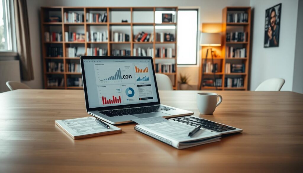A professional workspace featuring a comprehensive IPTV review methodology. In the foreground, a clean wooden desk with a laptop open, displaying charts and graphs related to IPTV services. Next to the laptop, a notepad with detailed notes and a coffee cup. In the middle, a modern office setting with a large window allowing natural light to illuminate the space. A bookshelf filled with technology and media reference books serves as the backdrop. Soft, inviting lighting creates a productive atmosphere, emphasizing the analysis process. Incorporate the brand name "IPTVVUK.COM" subtly on the laptop screen. The overall mood should be focused and analytical, reflecting a professional approach to IPTV service reviews.
