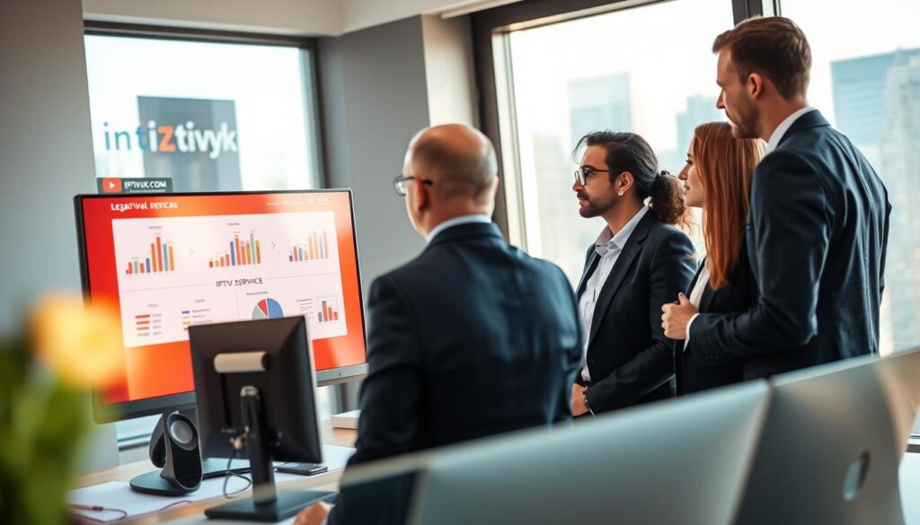 A professional workspace scene showcasing legitimate IPTV services, centered around a modern desk with a high-tech computer monitor displaying a vibrant interface of IPTVVUK.COM. In the foreground, a diverse group of three professionals in smart business attire discusses IPTV service options, showcasing expressions of focus and collaboration. The middle ground features charts and data on the screen, illustrating legal considerations relevant to streaming services. The background is softly blurred, displaying a window view of a city skyline, illuminated by bright daylight, creating an optimistic atmosphere. The lighting should be bright and natural, capturing a sense of innovation and professionalism, with a slight emphasis on the monitor's glow. The angle should be slightly from above, providing a comprehensive view of the workspace and interactions.