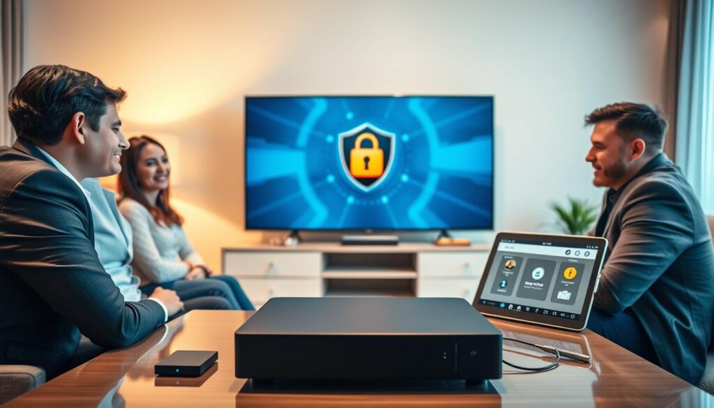 A secure IPTV environment featuring a family gathered around a high-definition television, enjoying streaming content. In the foreground, the family's expressions show happiness and engagement, all dressed in professional business attire. The middle ground displays a modern coffee table with devices like a sleek set-top box and a tablet showing the IPTVVUK.COM interface. The background includes a well-lit living room with elegant decor, subtly highlighting security features like a lock symbol or a shield graphic on the TV screen, representing online safety. Soft, warm lighting creates an inviting atmosphere, while a slightly low angle perspective enhances the sense of security and comfort. The overall mood is professional yet relaxed, emphasizing the importance of legal and security considerations for IPTV in Canada.