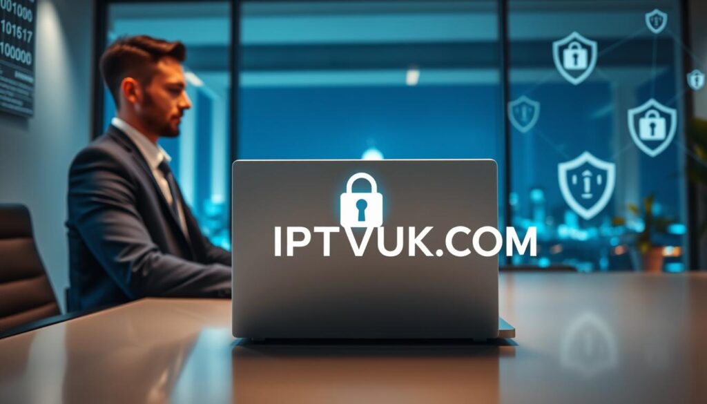 A serene, modern office environment conveying privacy and security considerations for IPTV services. In the foreground, a professional individual, dressed in business attire, is seated at a sleek desk with a laptop open, showcasing a digital lock icon on the screen. The middle ground features a large window displaying a city skyline, hinting at connectivity. The background includes abstract representations of digital data streams, encrypted symbols, and a faint shield icon, suggesting protection. Soft blue and green lighting creates a calm, trustworthy atmosphere. The lens perspective is slightly angled to enhance depth, focusing on the laptop and the individual, while maintaining a sense of confidentiality and professionalism. Include the brand name "IPTVVUK.COM" subtly integrated into the desktop environment, ensuring it complements the scene without overwhelming it.