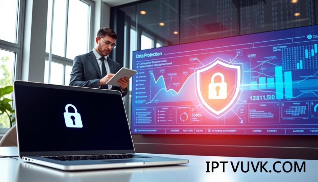 A serene office environment with a focus on data protection and privacy. In the foreground, a modern laptop displays an animated lock symbol on its screen, symbolizing security. Beside it, a professional business person in smart attire analyzes charts on a tablet, representing vigilance in data management. The middle ground features a large digital dashboard displaying real-time data protection metrics, with a holographic shield graphic illuminating soft blue light. In the background, abstract digital matrices and binary codes flow, enhancing the technological theme. The scene is well-lit with natural light streaming through large windows, creating a calm yet focused atmosphere, emphasizing the importance of security and privacy for users, especially in the context of IPTV services like IPTVVUK.COM.