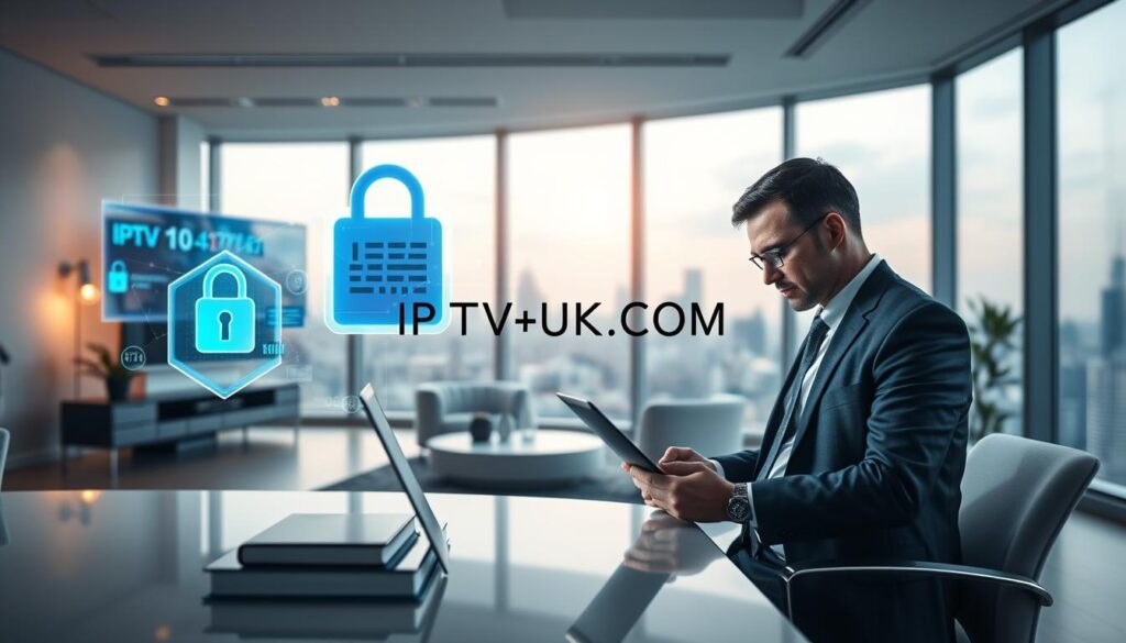 A serene yet technologically sophisticated office environment which captures the dual essence of IPTV+ services and data privacy. In the foreground, a professional individual dressed in smart business attire is analyzing data on a modern laptop, with screens displaying encrypted data streams and security protocols. The middle ground features sleek, minimalist furniture and decor with holographic representations of data shields and locked padlocks emphasizing security. The background shows a large window with a city skyline, bathed in soft, warm lighting that conveys a sense of trust and safety. The atmosphere is calm and focused, embodied by the brand name "IPTVVUK.COM" subtly displayed on a digital interface, symbolizing a commitment to security and privacy in the IPTV+ ecosystem.