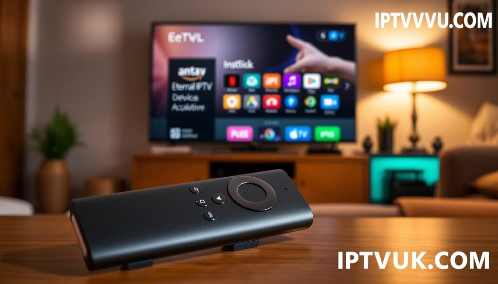 A sleek Amazon FireStick prominently displayed in the foreground with its remote control beside it, symbolizing IPTV installation. The FireStick is glowing softly, suggesting activation. In the middle ground, an actual installation scene featuring an instructional guide on setting up Eternal IPTV, with colorful icons representing various device compatibility. The background shows a cozy living room environment with a television displaying the IPTV interface. The lighting is warm and inviting, creating a contrast with the technological theme, emphasizing accessibility and ease of use. The mood is informative yet engaging, aimed at tech-savvy users seeking to enhance their home entertainment. Include the brand name "IPTVVUK.COM" subtly integrated into the scene, ensuring no text overlays disrupt the visual.