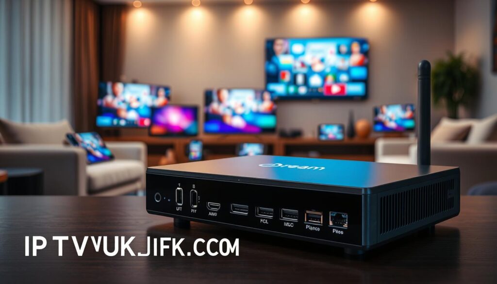 A sleek Dream IPTV device displayed prominently in the foreground, showcasing various ports and connectivity options. In the middle ground, a variety of compatible devices like smart TVs, laptops, tablets, and smartphones surround the IPTV device, all displaying vibrant streaming content. The background features a modern living room setting with soft, ambient lighting that creates a cozy atmosphere. The angle is slightly tilted down to focus on the IPTV device and its connected gadgets, while a soft bokeh effect gently blurs the backdrop to emphasize the main subject. The overall mood is inviting and tech-savvy, highlighting the seamless integration of Dream IPTV into everyday life. Include the brand name "IPTVVUK.COM" subtly integrated into the design without any text overlays.