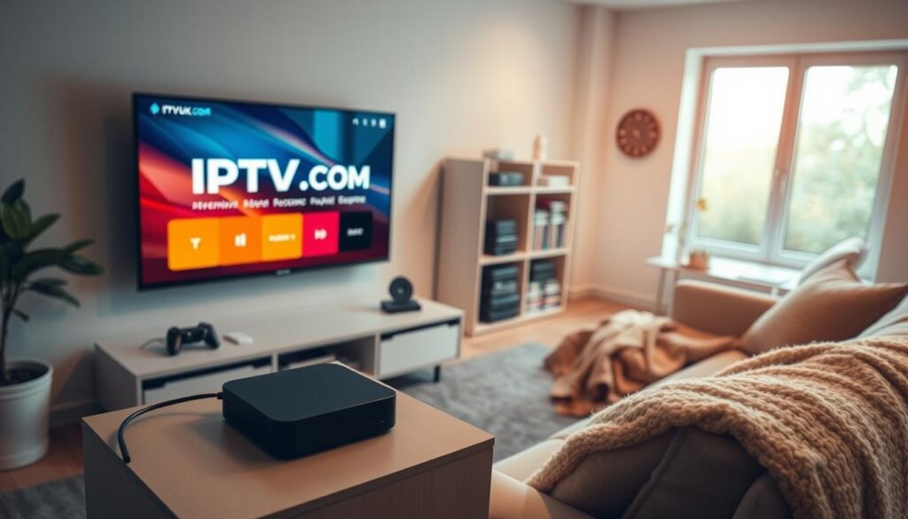 A sleek IPTV streaming setup featuring a modern living room environment. In the foreground, a stylish TV stand holds a flat-screen television displaying the IPTVVUK.COM interface. A compact streaming device is connected to the TV. Beside it, a comfortable couch with a plush throw blanket creates a cozy atmosphere. In the middle, a well-organized entertainment center displays neatly stacked DVDs and a gaming console. The background features soft, natural lighting coming through large windows, illuminating the room with a warm glow. A high-angle perspective captures the entire setup, showcasing the inviting ambiance. The colors are vibrant yet balanced, emphasizing a relaxed yet tech-savvy mood, perfect for streaming enthusiasts.