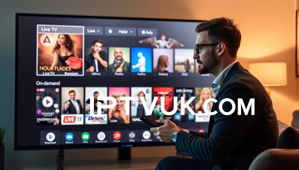 A sleek and modern IPTV player interface displayed on a high-resolution digital screen, showcasing vibrant thumbnails of various channels and a clean, user-friendly navigation bar at the top. The foreground features icons for live TV, on-demand content, and a search bar, all in a dark theme with contrasting colorful elements. In the middle ground, an advanced user interacting with the interface using a remote control, wearing smart casual attire, appears engaged and focused. The background consists of a cozy, contemporary living room setting, softly illuminated with warm lighting that creates an inviting atmosphere. The brand name "IPTVVUK.COM" is subtly integrated into the interface design, enhancing its professional look while maintaining a tidy visual presentation.