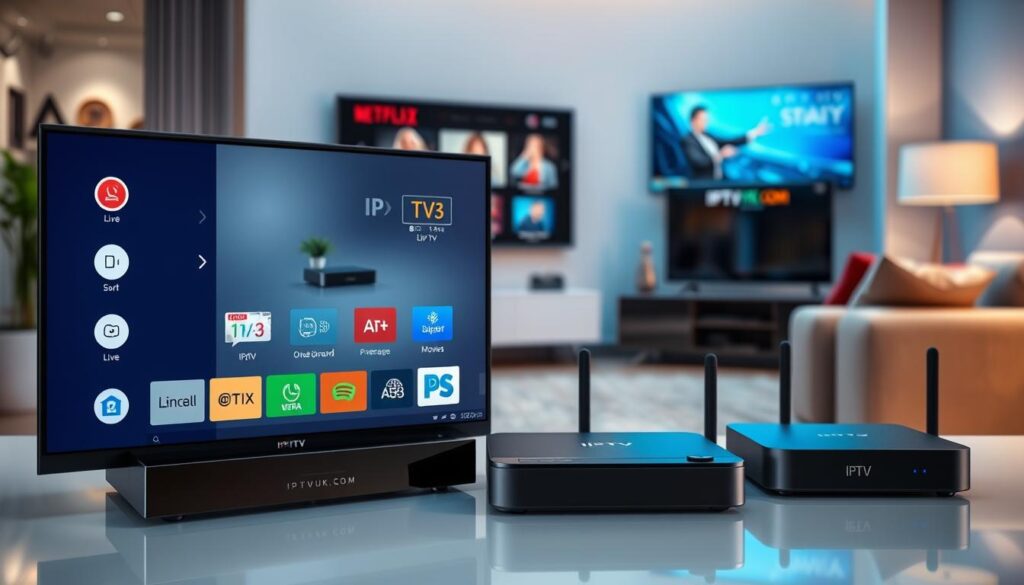 A sleek and modern IPTV player interface displayed prominently in the foreground, showcasing vibrant icons and features like live TV, on-demand movies, and an intuitive user interface. In the middle ground, various IPTV devices such as set-top boxes and smart TVs with clear screens reflect the advanced technology that enhances user experience. The background features a stylish living room setup with cozy seating and a large screen showcasing a popular streaming service. Soft, ambient lighting creates a warm and inviting atmosphere, while a slight depth of field blurs the edges to focus on the IPTV features. Capture the image at a medium angle to emphasize the devices' sleek designs, ensuring a professional and polished look. Include the brand name "IPTVVUK.COM" subtly in the design without text overlays, maintaining a clean and modern aesthetic.