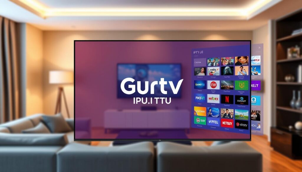 A sleek and modern IPTV user interface for "Guru IPTV," focusing on a vibrant and intuitive design. In the foreground, showcase an interactive screen displaying a grid of colorful channel icons and an elegant navigation menu with easy-to-read thumbnails. The middle layer includes a subtle backdrop of a living room setting, featuring a comfortable couch and a large flat-screen TV, softly illuminated by ambient lighting. The background should fade into a contemporary interior, hinting at a cozy home environment. The atmosphere is inviting and user-friendly, with a warm color palette. Include the logo "IPTVVUK.COM" prominently but integrated into the interface design, maintaining a professional look. A sleek and modern IPTV user interface for "Guru IPTV," focusing on a vibrant and intuitive design. In the foreground, showcase an interactive screen displaying a grid of colorful channel icons and an elegant navigation menu with easy-to-read thumbnails. The middle layer includes a subtle backdrop of a living room setting, featuring a comfortable couch and a large flat-screen TV, softly illuminated by ambient lighting. The background should fade into a contemporary interior, hinting at a cozy home environment. The atmosphere is inviting and user-friendly, with a warm color palette. Include the logo "IPTVVUK.COM" prominently but integrated into the interface design, maintaining a professional look.