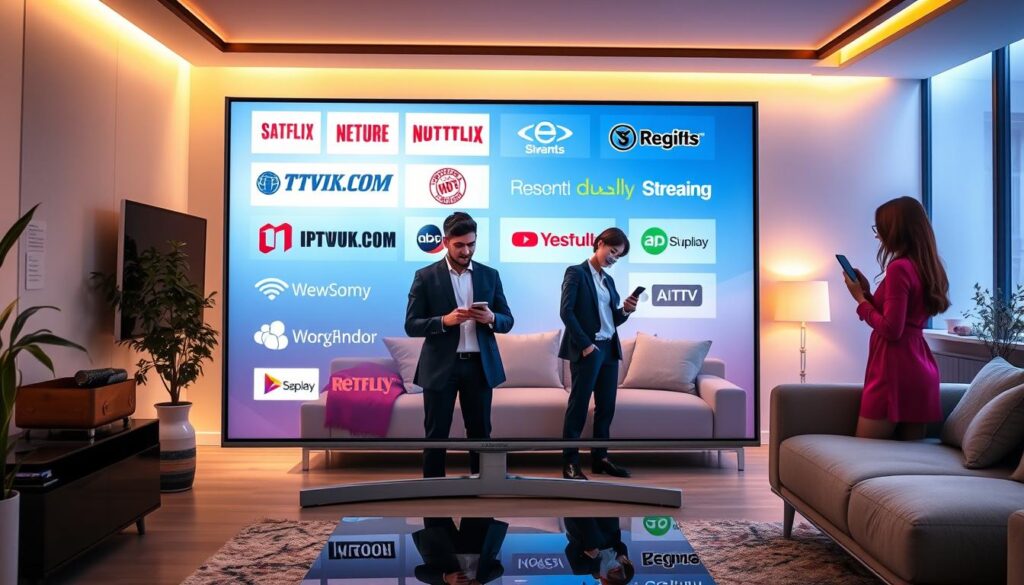A sleek and modern digital display showcasing the top IPTV service providers for 2024. In the foreground, an elegant, high-tech television screen illuminates vibrant streaming logos of popular IPTV services, including the brand name "IPTVVUK.COM". The middle ground features stylish and professional individuals in business attire, engaging with various devices like tablets and smartphones, symbolizing the diverse ways viewers connect to their favorite content. In the background, a futuristic living room setting, complete with comfortable furniture and ambient lighting, reflects a contemporary home environment. Soft, warm lighting enhances the inviting atmosphere, creating a sense of excitement and modernity. Capture the essence of a bright future in home entertainment, focusing on innovation and connectivity.