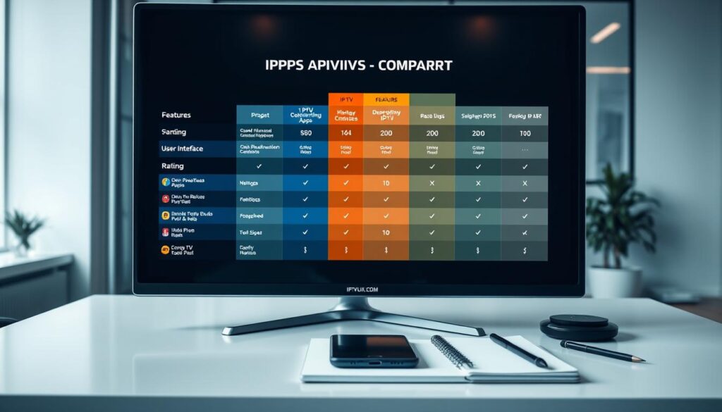 A sleek and modern digital workspace showcasing a comparison chart of various IPTV applications for Android. In the foreground, a high-resolution monitor displays a visually appealing side-by-side comparison of several IPTV apps, emphasizing features, user interface, and ratings. In the middle ground, a stylish desk with a tablet, smartphone, and a notepad, featuring the brand name "IPTVVUK.COM" elegantly positioned. The background should highlight a contemporary office environment with soft lighting, casting a professional yet inviting atmosphere. Capture the scene with a slight overhead angle to emphasize the layout and organization of the comparison. The overall mood should convey clarity, professionalism, and a focus on technology and modern solutions.