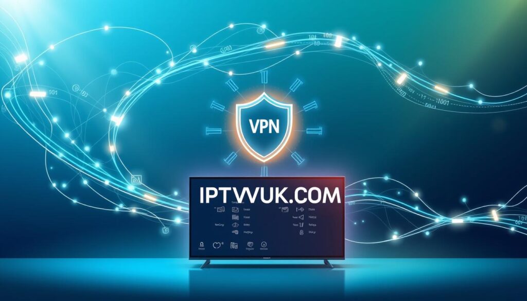 A sleek and modern illustration depicting the concept of "VPN for IPTV streaming." In the foreground, a digital device, like a smart TV or tablet, displaying various streaming icons. Surrounding it, a vibrant, flowing network of data streams represented by glowing lines and binary code flows through the air, symbolizing secure connections. In the middle ground, an abstract representation of a VPN shield icon, surrounded by a digital interface, highlighting security. The background features a gradient of deep blue and green tones, suggesting a tech-savvy atmosphere. Soft lighting accentuates the glowing elements, and a subtle lens flare creates a sense of depth and focus. Prominently include the brand name "IPTVVUK.COM" integrated into the design elements. The overall mood is futuristic and professional, illustrating the importance of security in IPTV streaming.