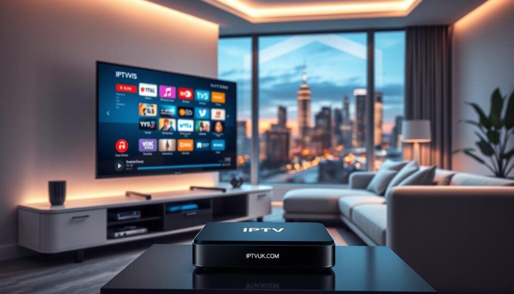 A sleek and modern illustration of IPTV technology, showcasing a high-tech living room setup. In the foreground, a large, ultra-high-definition flat screen TV displays various streaming icons and content selections. A stylish media console underneath holds a small IPTV set-top box with the brand "IPTVVUK.COM" clearly visible. In the middle ground, a comfortable sofa with modern furniture enhances the ambiance. The background features a soft, ambient lighting effect to create a cozy atmosphere, while a window shows a view of the city skyline at dusk, emphasizing a contemporary lifestyle. Use a wide-angle lens to capture depth, with a focus on the technology aspect. The overall mood is futuristic and inviting, conveying the convenience and sophistication of IPTV. A sleek and modern illustration of IPTV technology, showcasing a high-tech living room setup. In the foreground, a large, ultra-high-definition flat screen TV displays various streaming icons and content selections. A stylish media console underneath holds a small IPTV set-top box with the brand "IPTVVUK.COM" clearly visible. In the middle ground, a comfortable sofa with modern furniture enhances the ambiance. The background features a soft, ambient lighting effect to create a cozy atmosphere, while a window shows a view of the city skyline at dusk, emphasizing a contemporary lifestyle. Use a wide-angle lens to capture depth, with a focus on the technology aspect. The overall mood is futuristic and inviting, conveying the convenience and sophistication of IPTV.