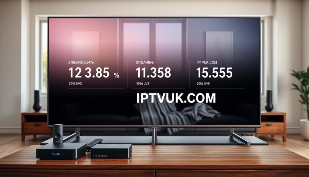 A sleek and modern living room scene showcasing a wide-screen television displaying streaming statistics for IPTV quality requirements. In the foreground, a stylish TV stand holds various devices like a streaming box, a smart speaker, and a remote control, all set on a polished wooden surface. The middle layer features a cozy couch with a neatly arranged blanket, inviting viewers to relax and enjoy their favorite shows. In the background, large windows allow soft, natural light to filter in, creating a warm atmosphere. The room is painted in calming hues, evoking a sense of tranquility and comfort. The brand name "IPTVVUK.COM" appears subtly within the arrangement of devices, enhancing the focus on IPTV technology. Capture this scene with a soft focus lens to emphasize the inviting mood.
