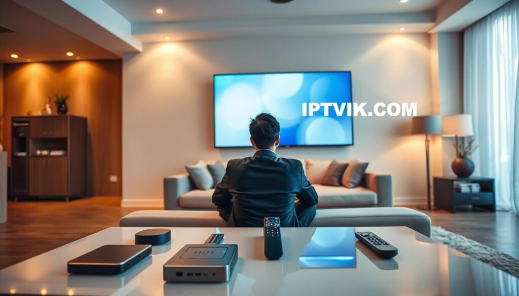 A sleek and modern living room setup showcasing a large flat-screen television streaming high-definition content. In the foreground, a stylish coffee table holds different streaming devices and remote controls, conveying the idea of diverse IPTV options. The middle ground features an elegantly designed couch with a person in professional business attire, intently watching the screen, embodying focus and satisfaction. The background shows a softly lit space with minimalistic decor, enhancing a calm and immersive atmosphere. Warm lighting cascades from overhead fixtures, highlighting the clear, vibrant image on the TV displaying the logo "IPTVVUK.COM" prominently in the corner. The scene captures a sense of a high-tech lifestyle, emphasizing connectivity and quality without any distractions.