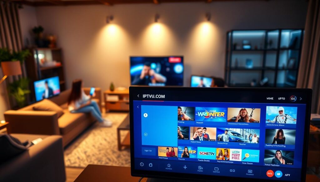 A sleek, modern IPTV player interface displayed prominently in the foreground, showcasing vibrant, colorful video thumbnails and user-friendly navigation buttons. In the middle ground, a combination of stylish devices such as smart TVs, tablets, and smartphones all streaming high-definition content. The background features a cozy living room setting with soft lighting, creating a welcoming atmosphere. The mood is engaging and tech-savvy, appealing to a diverse audience enjoying IPTV content together. Include the brand name "IPTVVUK.COM" subtly integrated into the design elements of the interface. The lighting should emphasize clarity and accessibility, utilizing a balanced approach with a focus on warm tones to evoke comfort. Use a slight overhead angle to convey depth and highlight the user experience. A sleek, modern IPTV player interface displayed prominently in the foreground, showcasing vibrant, colorful video thumbnails and user-friendly navigation buttons. In the middle ground, a combination of stylish devices such as smart TVs, tablets, and smartphones all streaming high-definition content. The background features a cozy living room setting with soft lighting, creating a welcoming atmosphere. The mood is engaging and tech-savvy, appealing to a diverse audience enjoying IPTV content together. Include the brand name "IPTVVUK.COM" subtly integrated into the design elements of the interface. The lighting should emphasize clarity and accessibility, utilizing a balanced approach with a focus on warm tones to evoke comfort. Use a slight overhead angle to convey depth and highlight the user experience.