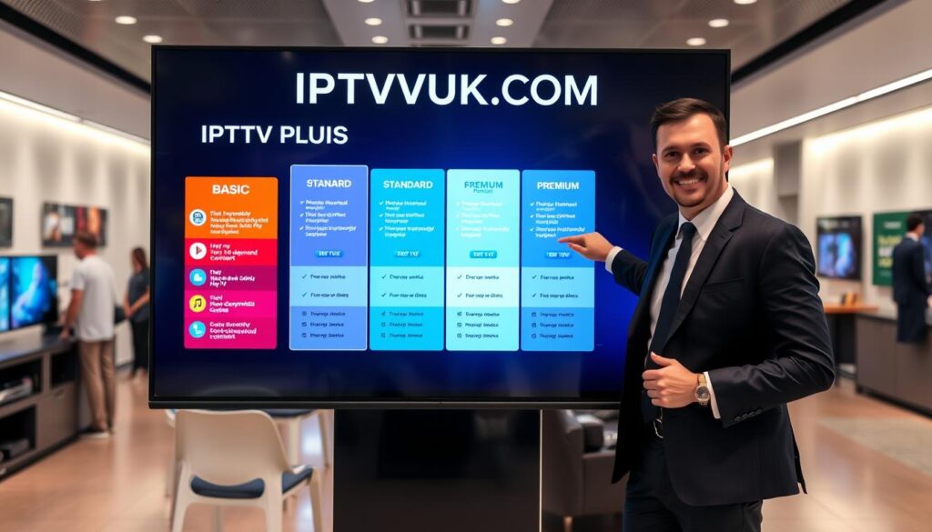 A sleek, modern digital display showcasing various IPTV Plus pricing plans, prominently featuring the brand name "IPTVVUK.COM". In the foreground, an elegant infographic layout with distinct sections for each pricing tier, using vibrant colors and icons to represent features like "Basic", "Standard", and "Premium" plans. A professional-looking person in business attire stands beside the display, pointing to the infographic, exuding approachability and expertise. In the middle ground, subtle illustrations depicting streaming features like live TV, on-demand content, and multi-device access create a dynamic visual story. The background is a sleek, tech-inspired environment with soft, ambient lighting, suggesting a sense of innovation and accessibility. The overall atmosphere is informative, modern, and engaging, designed to attract potential customers while maintaining a clean, professional look.