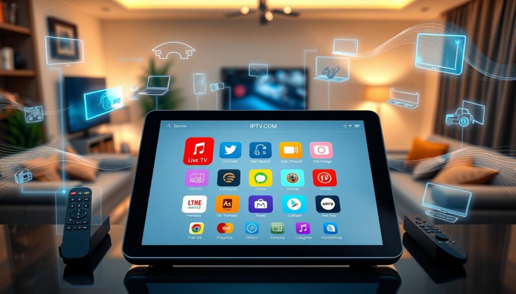 A sleek, modern digital interface showcasing the essential features of an IPTV app for streaming. In the foreground, display an elegant tablet with vivid, colorful icons representing various features like live TV, video on demand, categories, and user-friendly navigation. Surround the tablet with holographic displays of a remote control and various devices compatible with the IPTV service, reflecting the versatility of IPTV. The middle ground should include abstract representations of streaming, such as waves or motion graphics, indicating data flow. The background should feature a cozy living room setting with soft, warm lighting to evoke a relaxed viewing atmosphere. Use a high-angle shot, focusing on the tablet, inviting viewers to explore IPTVVUK.COM. The overall mood is innovative and inviting, highlighting the future of television entertainment.