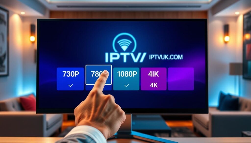 A sleek, modern digital interface showcasing various IPTV streaming quality options. In the foreground, a stylish computer screen displays vibrant quality settings like 720p, 1080p, and 4K, illuminated by soft, cool lighting. The middle layer features a hand interacting with the interface, tapping an option, portrayed in professional attire to emphasize a tech-savvy user. The background includes a softly blurred living room environment with comfortable seating, warm ambient lighting, and a large TV displaying a streaming service logo, subtly featuring "IPTVVUK.COM". The atmosphere is focused and inviting, highlighting the accessibility and sophistication of quality IPTV web players. The overall mood is professional and modern, conveying the essence of efficient streaming technology without distractions or overlays.