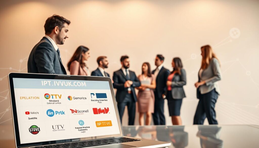 A sleek, modern digital landscape illustrating an IPTV service comparison. In the foreground, a laptop with a clear display shows various IPTV provider logos, including "IPTVVUK.COM", representing different plans and features. In the middle ground, a diverse group of professionals in smart business attire discusses and analyzes the displayed information, showcasing their engagement in the topic. The background features abstract digital elements like streaming icons and connection lines, symbolizing the online nature of IPTV services. Soft, warm lighting creates a focused and inviting atmosphere, emphasizing a sense of exploration and decision-making. The camera angle is slightly elevated, looking down on the scene, providing a comprehensive view of both the individuals and the comparison details. The overall mood is informative and collaborative, perfect for guiding readers through the complexities of choosing the best IPTV service.