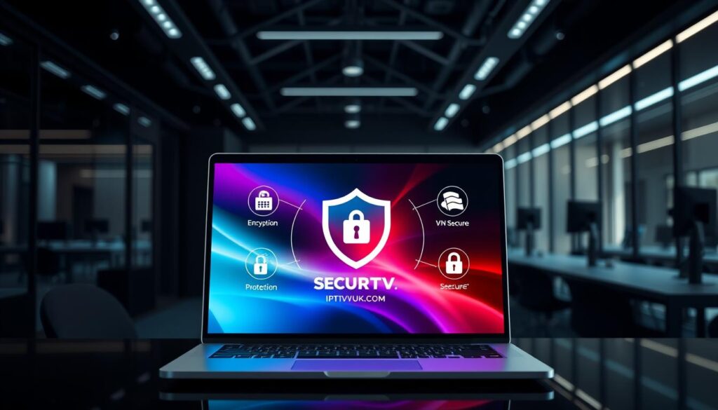 A sleek, modern digital workspace showcasing the security features of Nova IPTV. In the foreground, a high-tech laptop displays a vibrant interface of the IPTVVUK.COM platform, with icons symbolizing encryption, VPNs, and secure streaming. The middle-ground features a shield emblem representing protection, surrounded by subtle visual elements like locks and secure networks, conveying a sense of safety and trust. The background reveals a dimly lit office environment with futuristic lighting, setting a serious and professional mood. The angle is slightly tilted, giving a dynamic perspective that emphasizes innovation and security. The overall atmosphere is one of confidence and technological advancement, ideal for professionals exploring IPTV options.