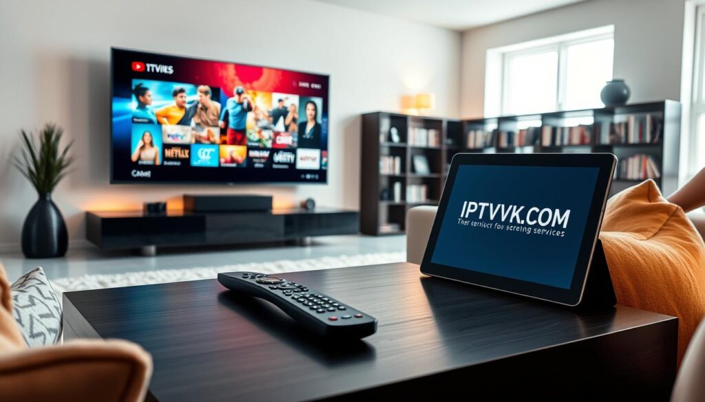A sleek, modern living room featuring a large flat-screen TV displaying vibrant visuals related to IPTV streaming services. In the foreground, a stylish coffee table is adorned with a remote control and a tablet showing the logo "IPTVVUK.COM". The middle ground includes a comfortable sofa with cushions, and a cozy ambiance created by warm lighting, giving a welcoming feel. The background showcases a bookshelf filled with entertainment options, including movies and games. The scene is brightly lit with soft natural light coming through a window, capturing a relaxed yet engaging atmosphere ideal for exploring streaming services. The image should convey a sense of innovation and entertainment without any text or watermarks.