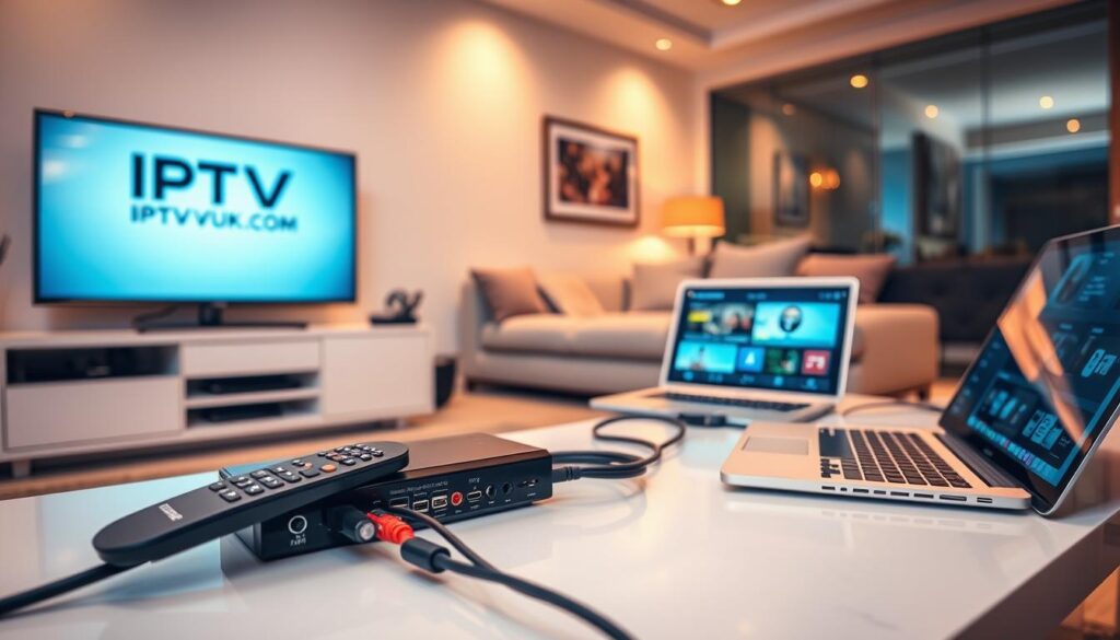 A sleek modern living room featuring a variety of devices set up for IPTV services. In the foreground, a smart TV displaying the IPTVVUK.COM logo, with a remote control resting on a stylish coffee table. In the middle, a streaming device connected to the TV, showcasing various cable connections neatly organized. Include a laptop and tablet on the side, both also demonstrating the IPTV interface. The background features a comfortable sofa and tasteful decor that creates a cozy viewing atmosphere. Use warm, soft lighting to enhance the inviting feel, captured with a slightly elevated angle for a clear view of all devices. The overall mood is tech-savvy and contemporary, perfect for discussing IPTV setups.