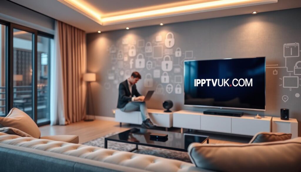 A sleek, modern living room in the foreground, featuring a sophisticated flat-screen TV displaying the IPTVVUK.COM logo prominently. A cozy sofa and stylish coffee table sit invitingly, adorned with a few smart devices like a tablet and a streaming device. In the middle ground, a blurred view of a person working on a laptop, dressed in business casual attire, subtly implies the use of a VPN while enjoying IPTV services. The background shows a digital, abstract pattern symbolizing secure connections and streaming, bathed in soft, ambient lighting that creates a warm, inviting atmosphere. The scene is captured with a wide-angle lens to emphasize the modern tech environment, creating a mood of comfort and seamless connectivity that enhances the IPTV experience.