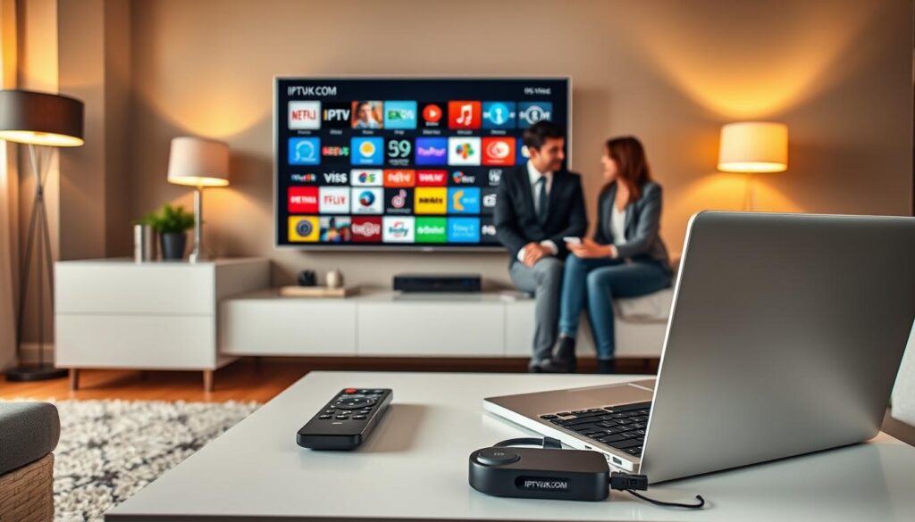 A sleek, modern living room set up for a tech-savvy viewer, showcasing a prominent flat-screen TV displaying a grid of various IPTV service icons. In the foreground, a stylish coffee table features a remote control with sleek design and an open laptop, suggesting active research. In the middle ground, a couple of people, dressed in smart casual attire, engage in conversation and comparison, surrounded by colorful Chromecast-like devices and streaming equipment. The background shows a cozy ambiance with warm lighting, soft shadows casting from stylish floor lamps, creating an inviting atmosphere. The room is designed with contemporary décor, emphasizing comfort and modern technology. Subtly included in the scene is the logo "IPTVVUK.COM" on a visible piece of technology, promoting a sense of modern digital entertainment.