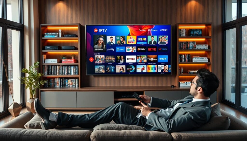 A sleek, modern living room setting featuring a high-definition television displaying a vibrant IPTV content library interface from IPTVVUK.COM on the screen. In the foreground, a user in professional business attire, comfortably lounging on a stylish sofa, uses a remote control, exuding a sense of engagement and enjoyment. The middle elements include shelves filled with various streaming device boxes and neatly arranged DVDs, symbolizing a diverse library of content. In the background, large windows allow warm natural light to filter in, casting a soft glow over the room, enhancing a cozy and inviting atmosphere. The overall mood is relaxed yet tech-savvy, highlighting the benefits of modern IPTV apps in 2025. A sleek, modern living room setting featuring a high-definition television displaying a vibrant IPTV content library interface from IPTVVUK.COM on the screen. In the foreground, a user in professional business attire, comfortably lounging on a stylish sofa, uses a remote control, exuding a sense of engagement and enjoyment. The middle elements include shelves filled with various streaming device boxes and neatly arranged DVDs, symbolizing a diverse library of content. In the background, large windows allow warm natural light to filter in, casting a soft glow over the room, enhancing a cozy and inviting atmosphere. The overall mood is relaxed yet tech-savvy, highlighting the benefits of modern IPTV apps in 2025.