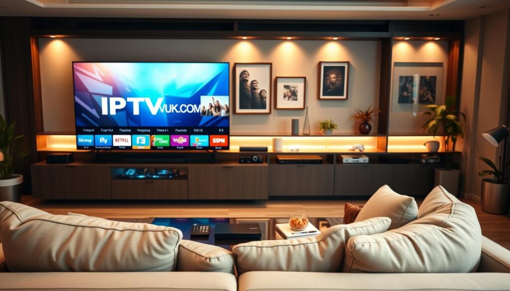 A sleek, modern living room setting showcasing high-quality IPTV streaming. In the foreground, a large flat-screen TV displays vibrant, sharp images of popular IPTV channels, with a noticeable logo for "IPTVVUK.COM" prominently featured on the screen. A comfortable couch adorned with soft pillows is positioned in the center, next to a stylish coffee table with a remote control and snacks. The middle ground includes a stylish entertainment unit filled with streaming devices and media accessories. In the background, a warm, ambient glow from soft lighting creates a cozy atmosphere, revealing tasteful wall art and plants. The image captures a sense of enjoyment and relaxation in home entertainment with a focus on the essential features of a quality IPTV service. The scene is lit with soft, natural light, enhancing the vibrant colors and creating an inviting mood.