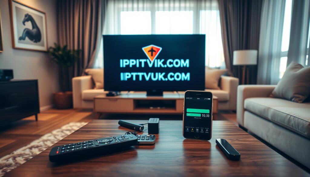 A sleek, modern living room setting with a sophisticated flat-screen television in the foreground displaying an "IPTVVUK.COM" logo as a focal point. The middle ground features an aesthetically pleasing coffee table cluttered with remote controls and a smartphone showing a buffering icon, symbolizing IPTV buffering solutions. In the background, a cozy sofa adorned with plush cushions invites viewers in. The lighting is warm and inviting, reflecting late afternoon sunlight filtered through sheer curtains, creating a calming atmosphere. Camera angle is slightly tilted upwards, giving a dynamic perspective, emphasizing the struggle of buffering while maintaining a sense of comfort. The overall mood should be one of concern yet optimism, appealing to viewers looking for solutions to common IPTV issues.