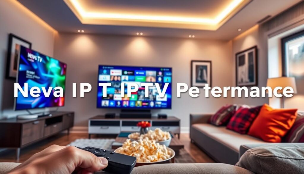 A sleek, modern living room setup featuring a large, ultra-high-definition TV displaying vibrant streaming content, symbolizing "Nova IPTV Streaming Performance." In the foreground, include a stylish remote control and popcorn bowl to evoke a cozy viewing experience. The middle ground showcases a comfortable, contemporary couch with colorful throw pillows, suggesting relaxation. In the background, there's a soft glow from ambient lighting, creating a warm atmosphere, while framed art on the walls highlights a refined design aesthetic. Natural light streams in through a large window, enhancing the inviting mood. The scene conveys both comfort and technological sophistication, embodying the essence of high-quality IPTV streaming. The brand name “IPTVVUK.COM” subtly integrated into the decor, reinforcing the focus on performance.