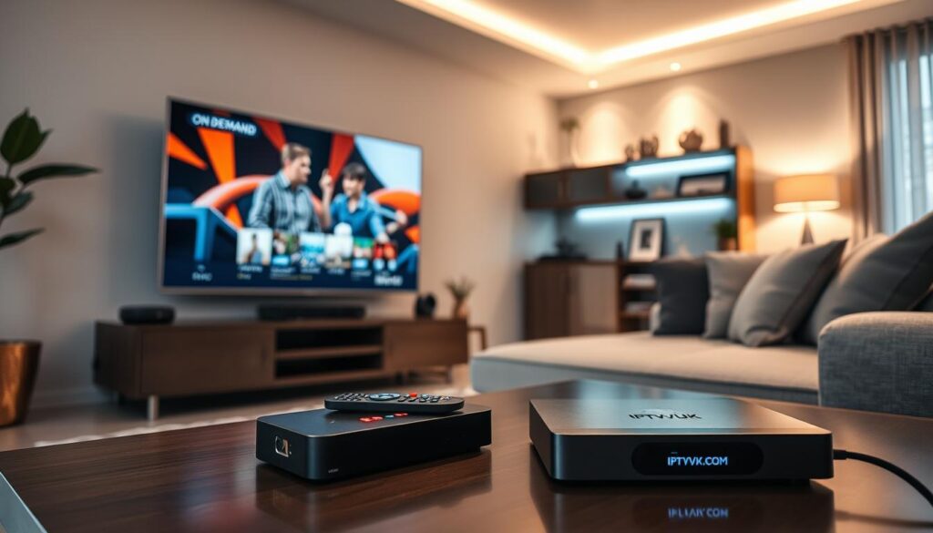 A sleek, modern living room setup showcasing an IPTV streaming experience. In the foreground, a high-resolution smart TV displaying vibrant, clear images of a popular on-demand show. On the coffee table, a remote control and streaming device labeled "IPTVVUK.COM" with glowing LEDs indicating active streaming. The middle ground features a cozy sofa adorned with plush cushions, while a stylish entertainment center holds various gadgets and decor. The background showcases a well-lit room with soft ambient lighting creating a warm, inviting atmosphere. The lens captures the scene from a slightly elevated angle, emphasizing both the technology and comfort. The overall mood conveys a sense of relaxation and enjoyment in high-quality digital streaming, highlighting the technical requirements for optimal IPTV streaming.