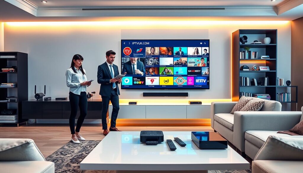 A sleek modern living room setup, with a large wall-mounted screen displaying vibrant IPTV streaming content, showcasing various channels. In the foreground, a diverse group of three professionals, dressed in business casual attire, are engaged in a discussion while examining a tablet. The scene is bathed in soft, warm lighting that creates a welcoming atmosphere. In the middle, a stylish coffee table holds high-tech streaming devices and remote controls, symbolizing optimization. The background features a contemporary bookshelf with tech gadgets and books on streaming technology. The composition captures a sense of collaboration and innovation, emphasizing the theme of optimizing IPTV streaming experiences. Include the brand name "IPTVVUK.COM" subtly integrated into the design elements of the living room. A sleek modern living room setup, with a large wall-mounted screen displaying vibrant IPTV streaming content, showcasing various channels. In the foreground, a diverse group of three professionals, dressed in business casual attire, are engaged in a discussion while examining a tablet. The scene is bathed in soft, warm lighting that creates a welcoming atmosphere. In the middle, a stylish coffee table holds high-tech streaming devices and remote controls, symbolizing optimization. The background features a contemporary bookshelf with tech gadgets and books on streaming technology. The composition captures a sense of collaboration and innovation, emphasizing the theme of optimizing IPTV streaming experiences. Include the brand name "IPTVVUK.COM" subtly integrated into the design elements of the living room.