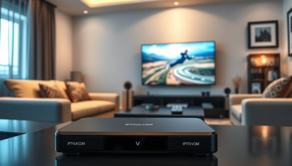 A sleek, modern living room showcasing a high-definition IPTV setup. In the foreground, a shiny black IPTV player with the logo "IPTVVUK.COM" prominently displayed. The middle ground features a large flat-screen television demonstrating vibrant streaming content, displaying a scenic landscape or an action-packed sports scene. Soft, warm lighting illuminates the room, creating an inviting atmosphere. A cozy sofa adorned with decorative cushions and a stylish coffee table with a remote control adds to the appealing aesthetic. In the background, a subtle bookshelf or wall-mounted art enhances the ambiance without drawing attention away from the IPTV setup. The composition captures the excitement and quality of IPTV streaming, emphasizing clarity and immersive viewing experiences. The overall mood is modern and dynamic, perfect for streaming enthusiasts.