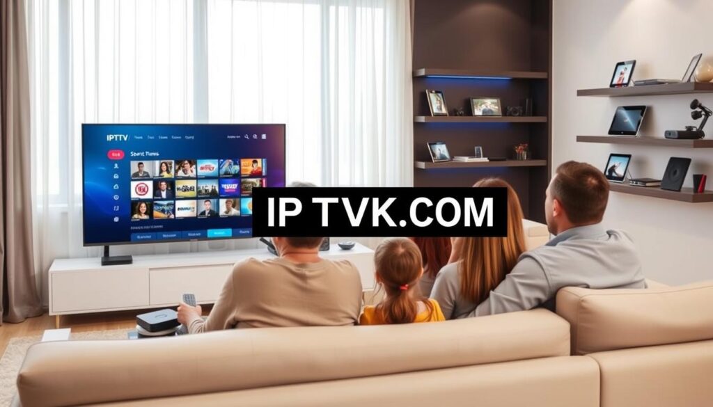 A sleek, modern living room showcasing the benefits of IPTV technology. In the foreground, a family seated on a comfortable couch, dressed in casual, modest clothing, watching a vibrant screen displaying various streaming options and live channels. In the middle ground, stylish shelves displaying smart devices like a streaming box, remote control, and tablets, emphasizing connectivity. The background features a large window with soft, natural lighting filtering through sheer curtains, creating a warm and inviting atmosphere. The overall mood is one of convenience and enjoyment, highlighting relaxation and family bonding over entertainment. Subtly incorporate the brand name "IPTVVUK.COM" on the screen or device interfaces to reinforce the IPTV theme.