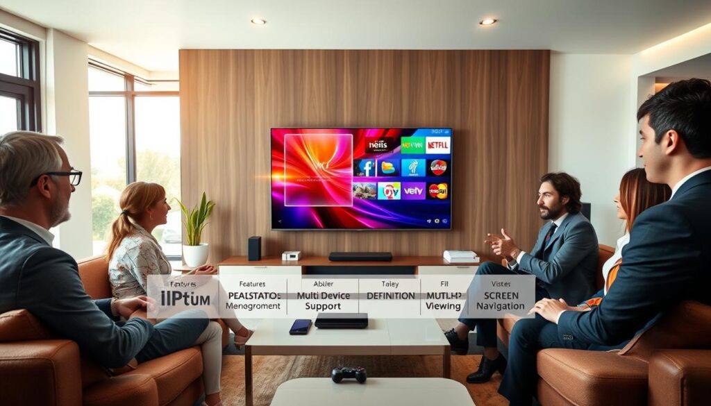 A sleek modern living room with a large flat-screen television displaying vibrant IPTV streaming graphics, showcasing the interface of IPTVVUK.COM. In the foreground, a diverse group of adults dressed in professional business attire is engaged in discussing features, with a focus on essential attributes like High Definition, multi-device support, and user-friendly navigation. The middle ground features a stylish coffee table with gadgets like smartphones and tablets, symbolizing multi-screen viewing. The background has large windows letting in natural light, creating a warm and inviting atmosphere. The lighting is bright and soft, capturing a dynamic yet professional mood, and the angle is slightly elevated to encompass the entire scene, emphasizing the importance of connectivity in modern entertainment.