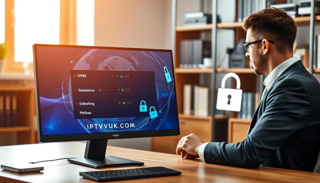 A sleek, modern office setup with a stylish desktop computer displaying a vibrant IPTV streaming interface. In the foreground, a professional-looking individual dressed in business attire is adjusting VPN settings on their computer, emphasizing the importance of secure streaming. The middle ground features a digital globe with swirling data streams and padlock icons, symbolizing secure internet connections. In the background, a softly blurred bookshelf filled with tech-related books and devices enhances the professional atmosphere. Warm, inviting lighting streams in from a window, casting a soft glow over the scene. The brand "IPTVVUK.COM" is subtly incorporated into the design of the computer screen. The composition conveys a mood of productivity and focus, highlighting the ease of setting up a VPN for IPTV.